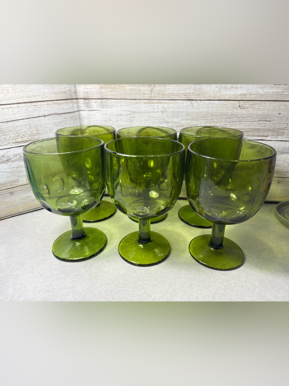 Set of 6 large green glass thumbprint goblets